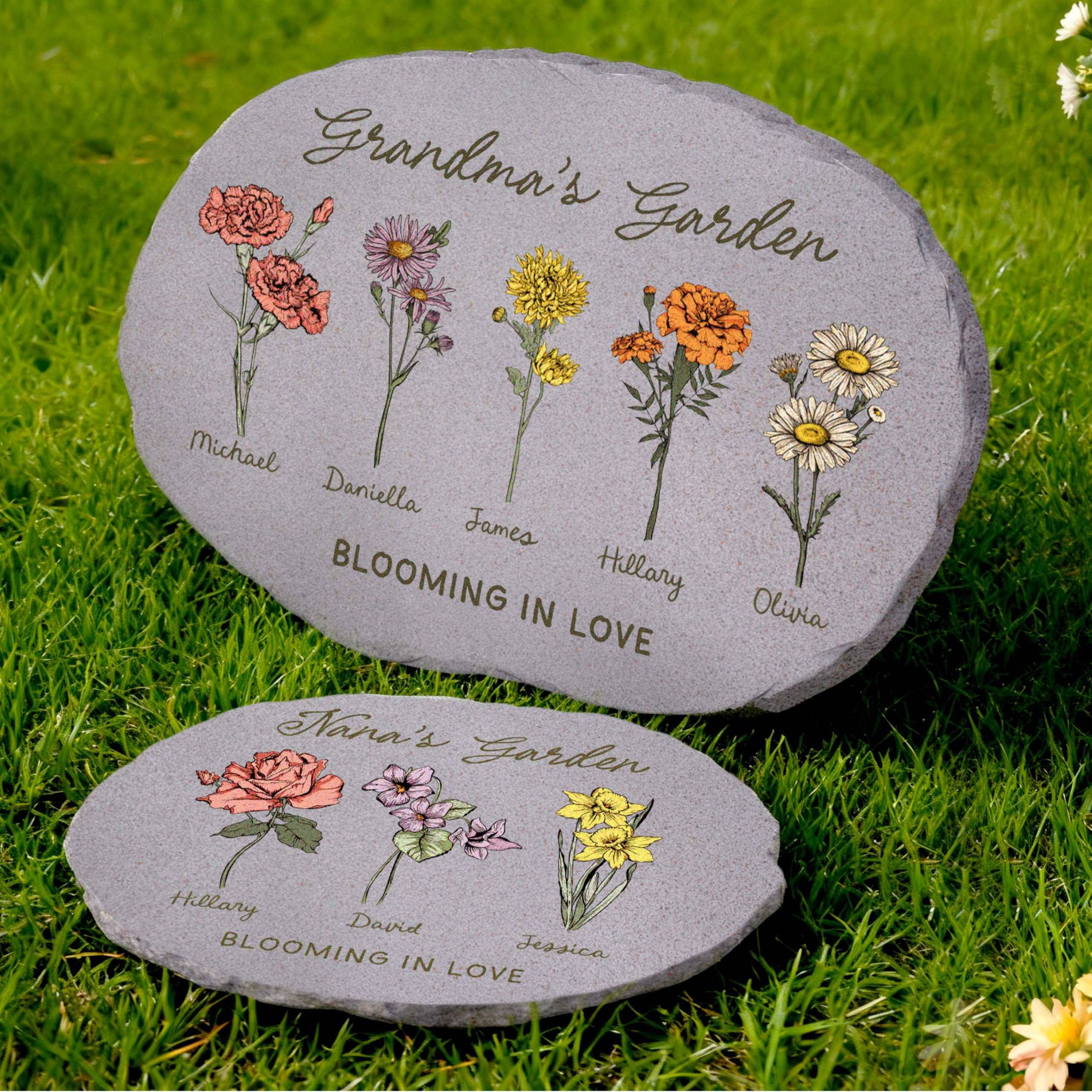 Be Burgundy Personalized Grandma’s Garden Stone, Custom Birth Month Flower Garden Marker with Kids’ Names, Optional Sizes, Grandma Gift, 5 Flowers