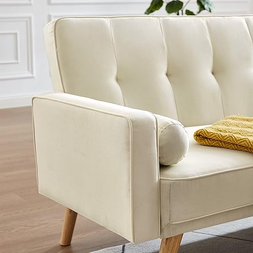 Miniatura 7 de Sofá cama de tela moderna, sofá cama convertible con 2 almohadas y reposabrazos, sofá reclinable plegable de 75 pulgadas con patas de madera maciza