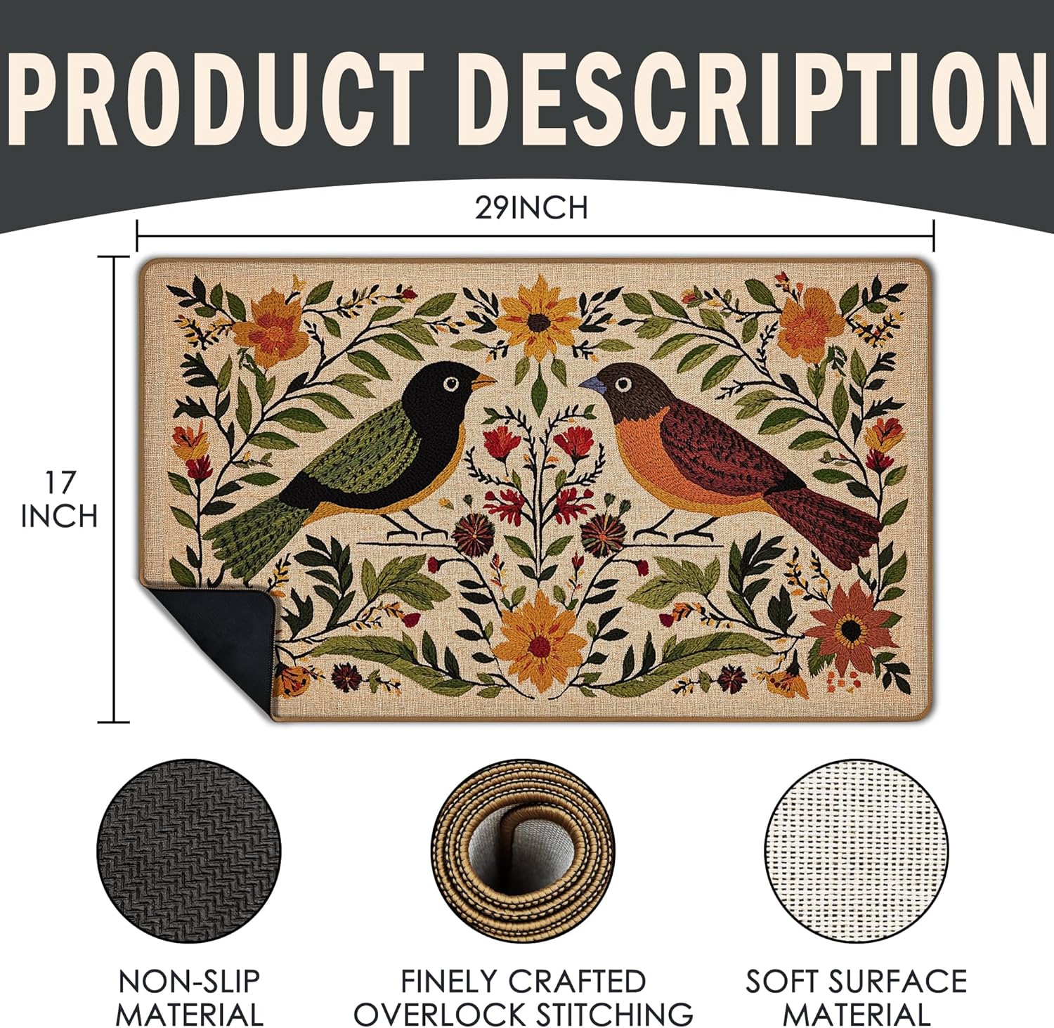 Vintage Floral Bird Door Mat, Antique Flower Botanical Birds Welcome Front Door Mat Indoor Outside Entrance, Retro Floral Bird Decor Doormats 17x29 Inch