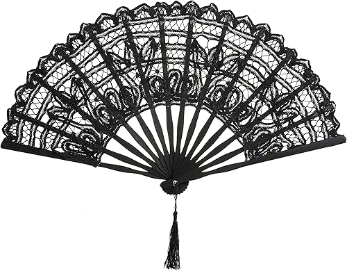 BABEYOND - Abanico plegable de encaje de algodón con bordado, abanico de mano nupcial con astas de bambú para decoración de boda, baile y fiesta