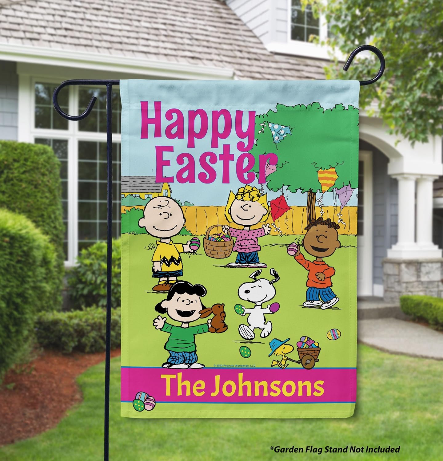 Flagology, PEANUTS Gang Egg Hunt Personalized Easter Garden Flag 12" x 18", Custom Family Name Outdoor Spring Yard Flag, Officially Licensed PEANUTS