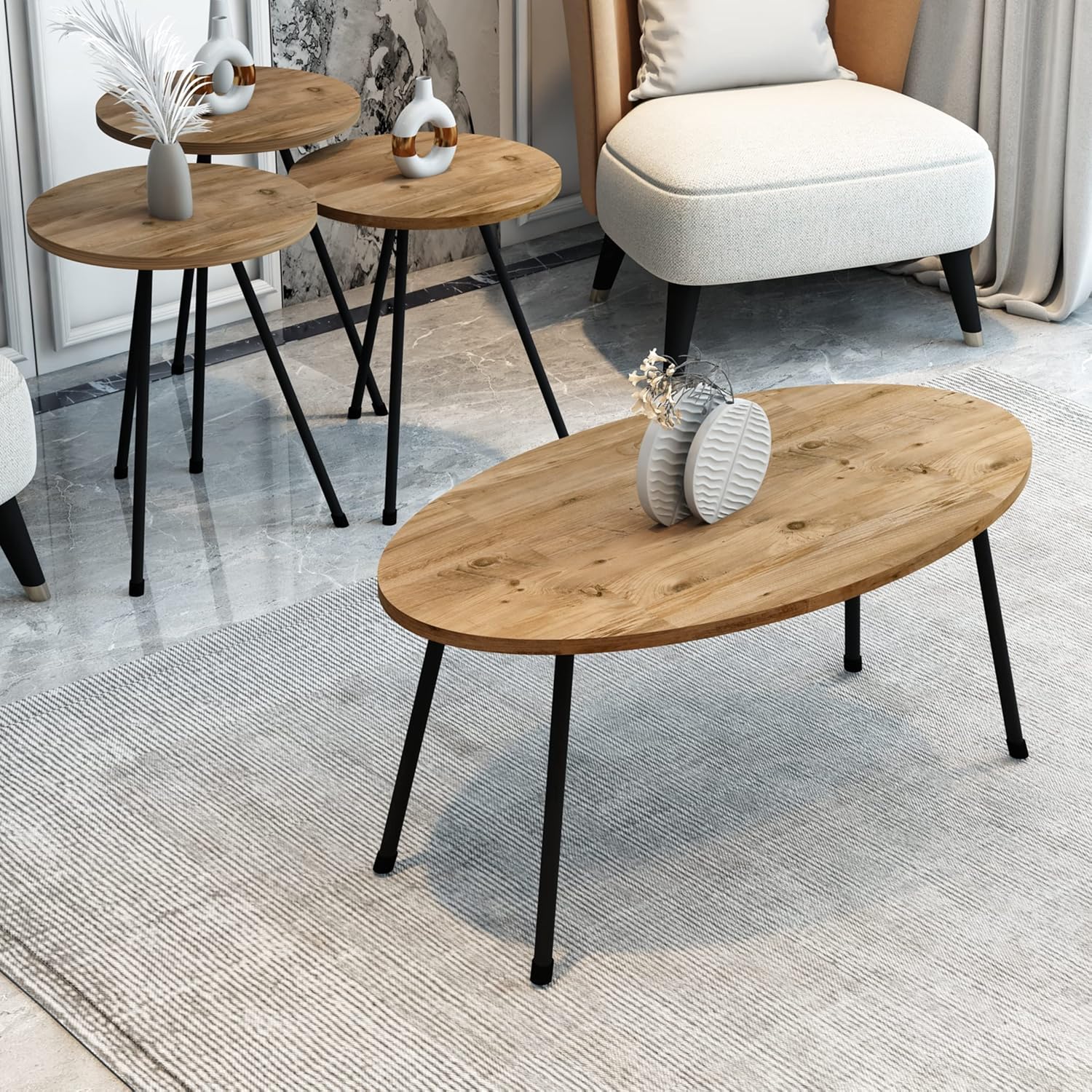 4 Piece Living Room Table Set, 1 Coffee Table and 3 Nesting Tables, NO-Tools Assembly (Pinewood, Ellipse Coffee Table/Round Nesting Tables) (Pine Wood)