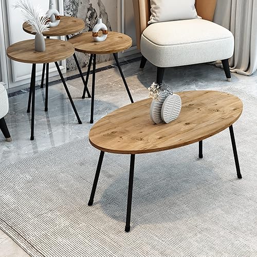 Juego de mesa de sala de estar de 4 piezas, 1 mesa auxiliar y 3 mesas anidables, montaje sin herramientas (madera de pino, mesa de centro