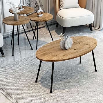 4 Piece Living Room Table Set, 1 Coffee Table and 3 Nesting Tables, NO-Tools Assembly Pinewood, Ellipse Coffee Table/Round Nesting Tables Pine Wood