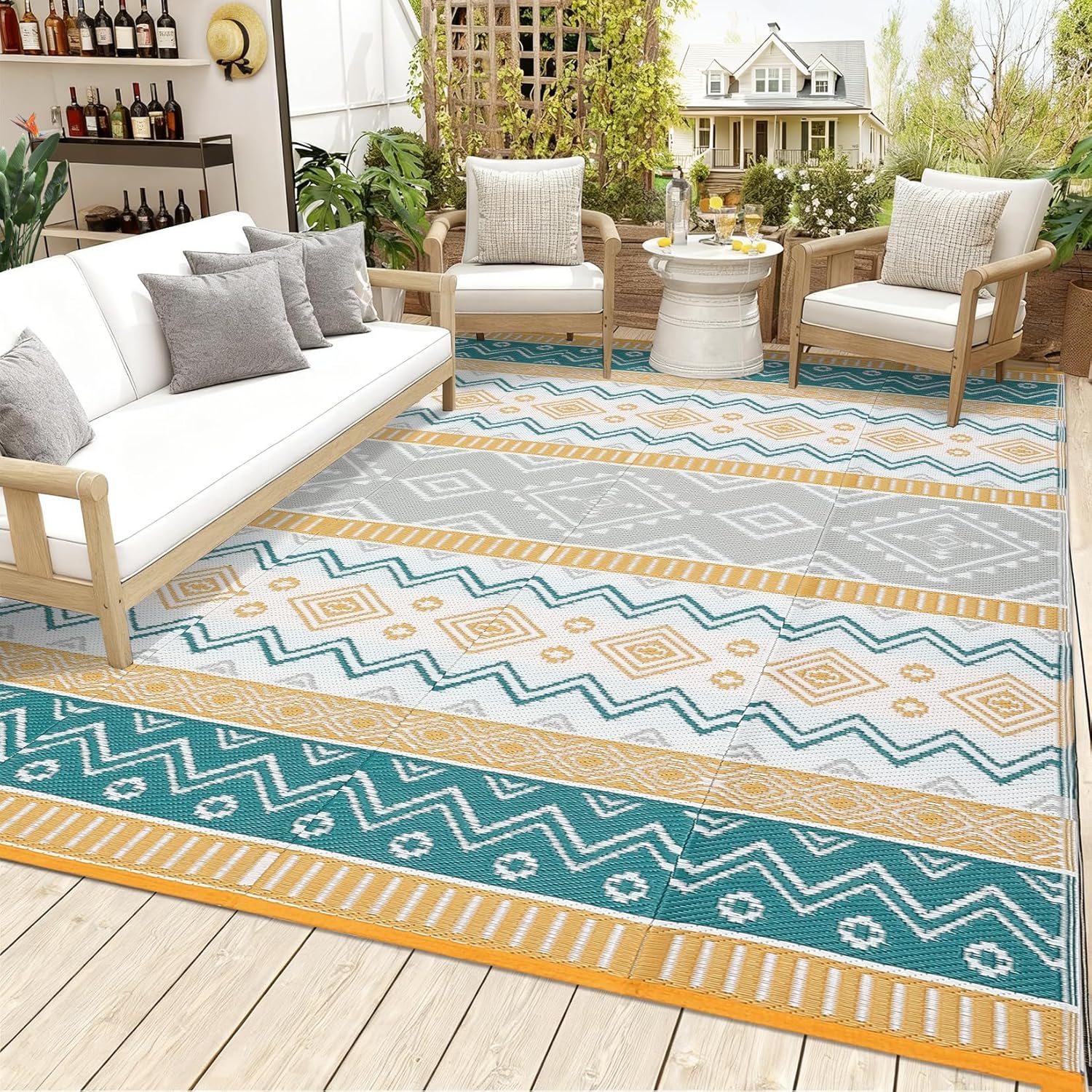 Garvee 10x14 Waterproof Large Outdoor Rug, Reversible Geometric Plastic Straw Mat, Lightweight Foldable Indoor Outdoor Carpet for Patio Deck Balcony Camping Green Yellow
