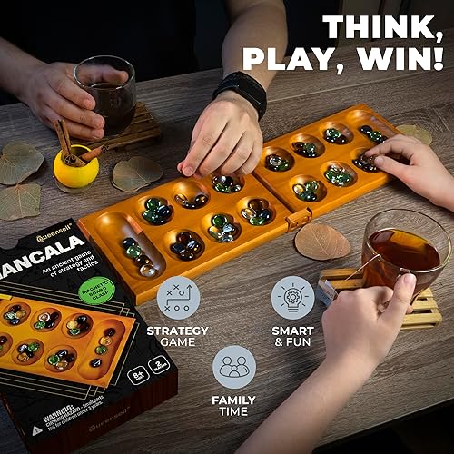 Miniatura 7 de Mancala - Juego de mesa con bloqueo magnético, juego plegable clásico para 2 jugadores, juego de mancala de madera con 56 guijarros de cristal,