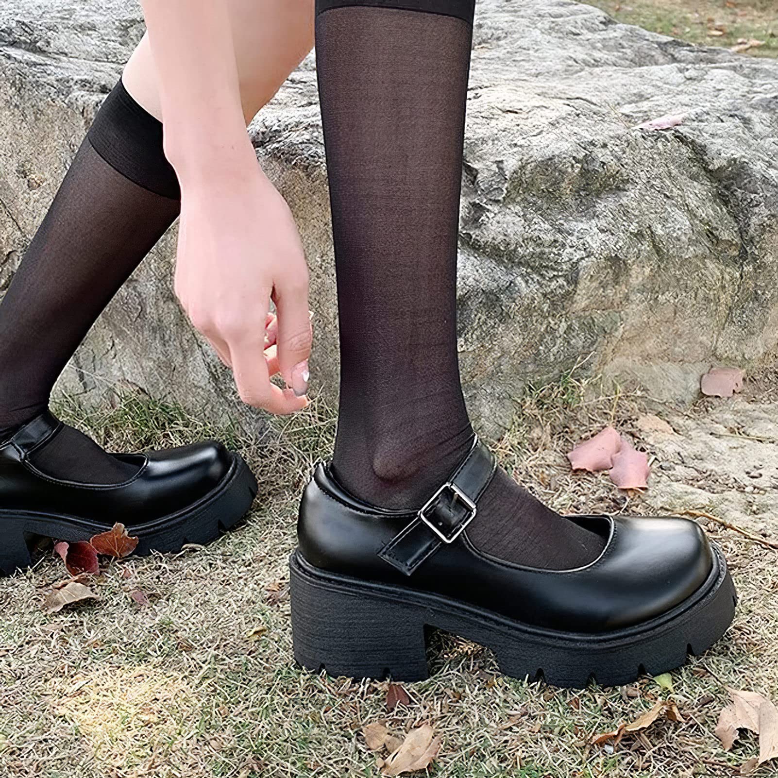 rismart Mujer Plataforma Mary Jane Punta Redonda Tacón Grueso Correa Tobillo Lolita Cosplay Zapatos