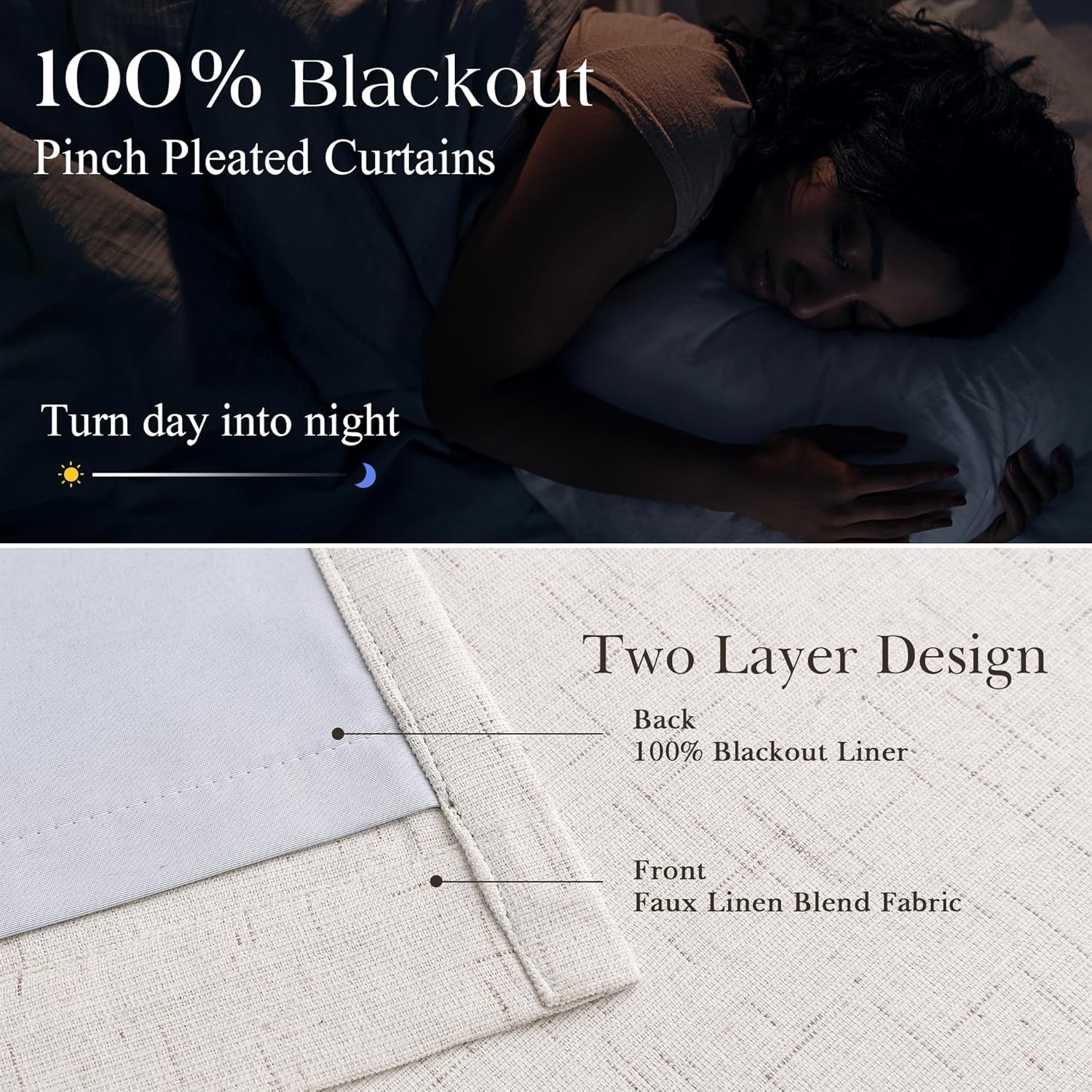 Pinch Pleated 100% Blackout Linen Curtains 84 Inch Length 2 Panels for Bedroom Living Room Darkening Thick Linen Curtains Double Layer Boho Farmhouse Cream Ivory Natural Memory Trained Window Drapes