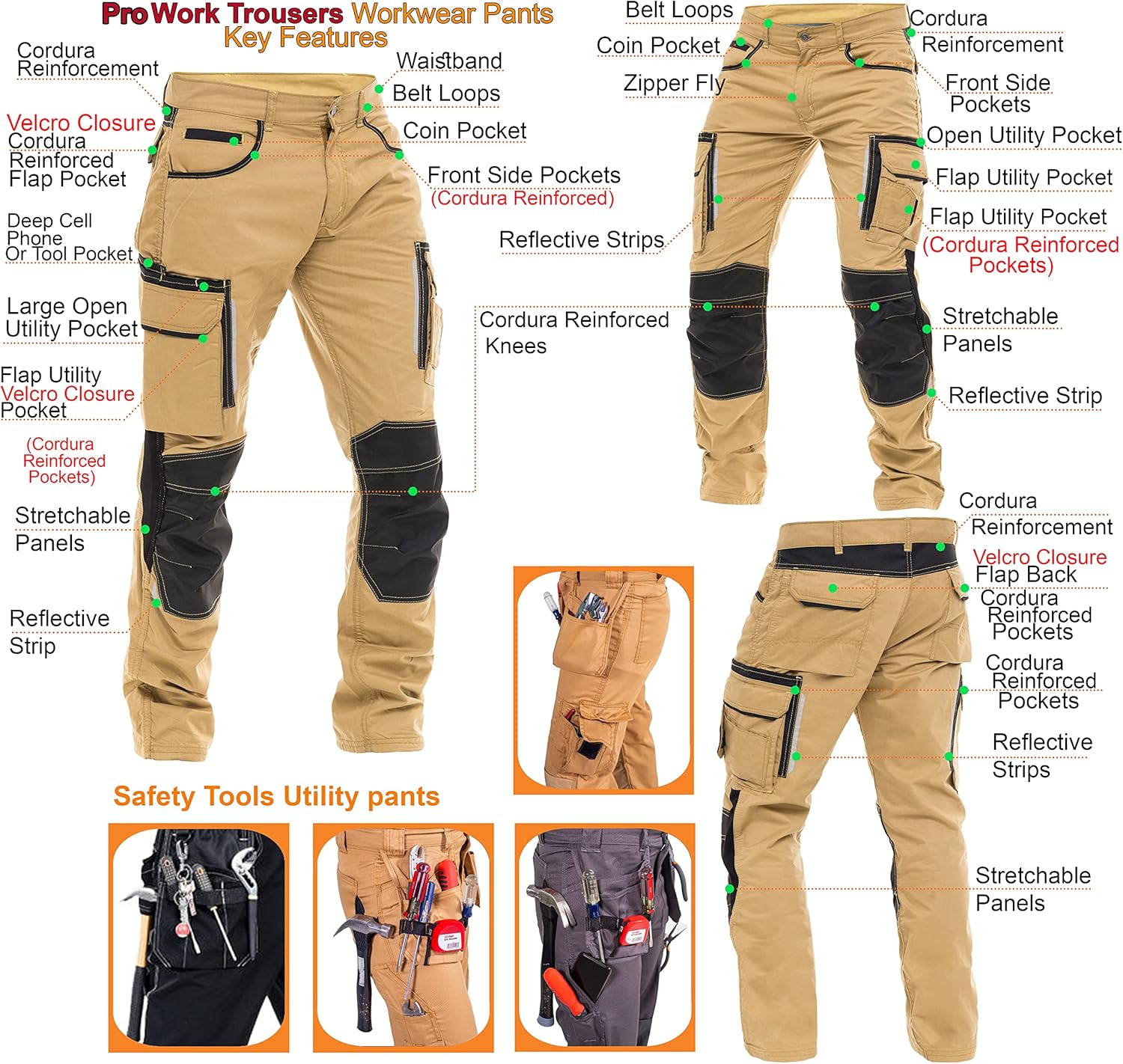 Mens Utility Work Heavy Duty Construction Workwear Pants Carpenter Knee Reinforcement Trousers Cordura Safety Pants - Image 4