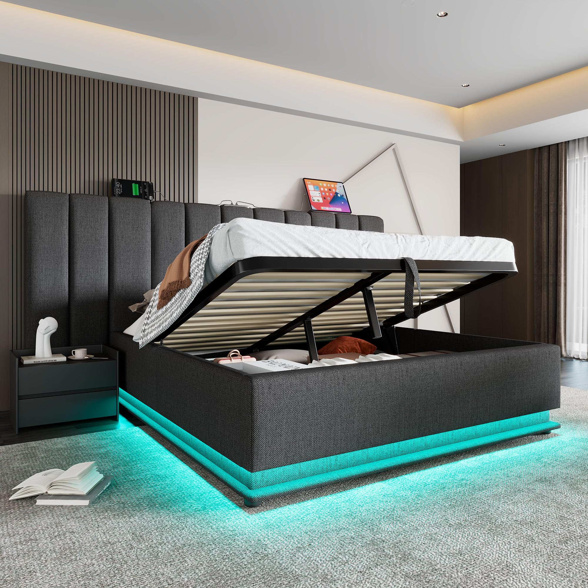Kebnor Letto imbottito matrimoniale con App Control LED e ricarica USB-C, struttura rete a doghe (grigio lino, 160x200 cm)