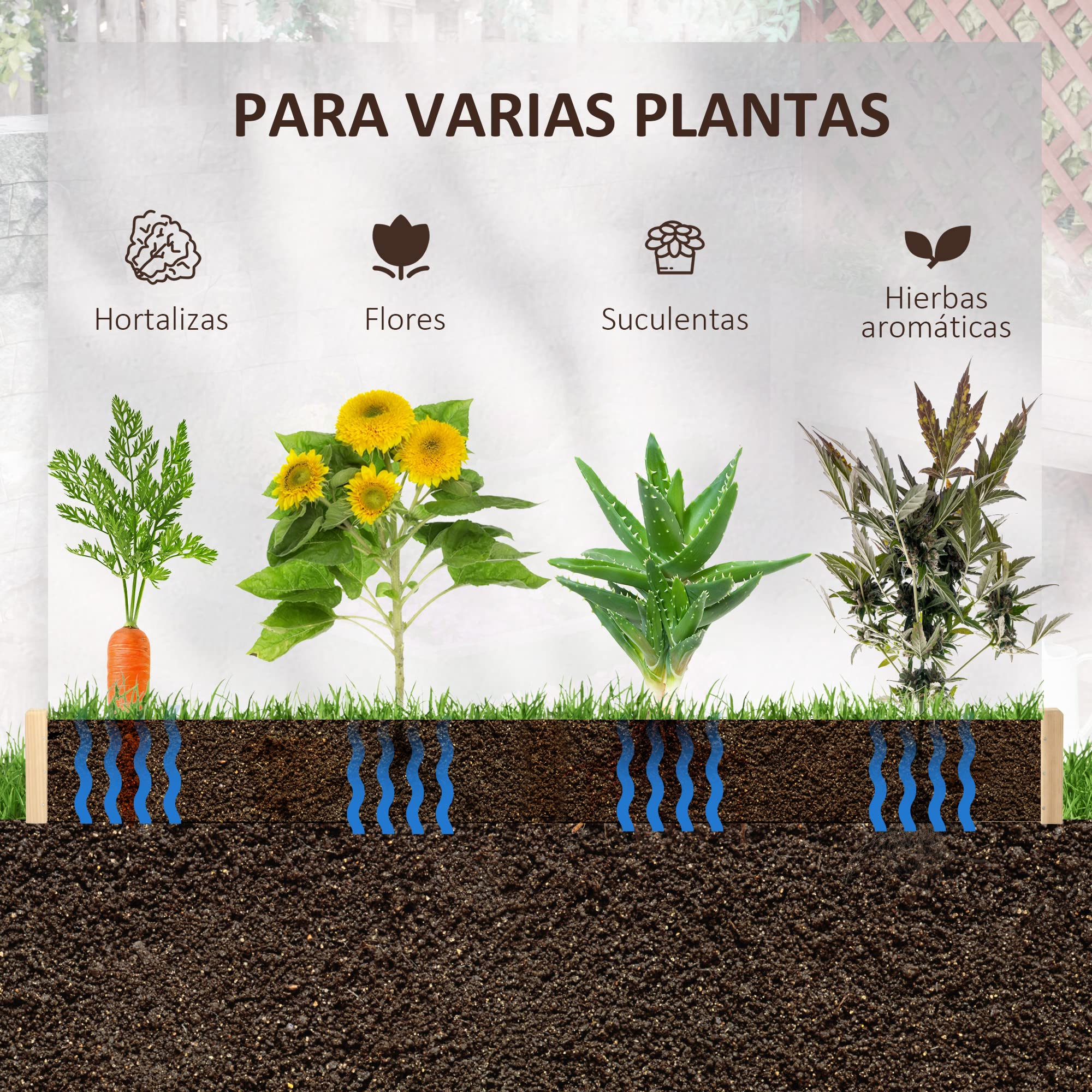 Outsunny Huerto Urbano Arriate de Madera de Jardín Cuadrada Jardinera Macetero para Cultivos Plantas Flores Hierbas Terraza 100x100x16 cm Natural
