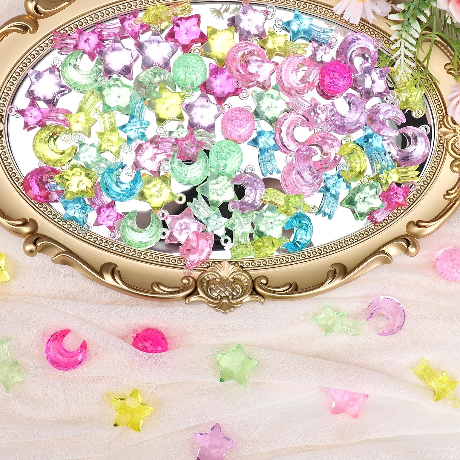 Babenest 4 Styles Acrylic Stars Moon Beads, 90pcs Sensory Bin Fillers for Sky Theme Table Scatter Party Wedding Decoration Scatter Table Vase Fillers Home DIY Crafts