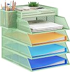 Marbrasse 5 Tier Stackable Paper Tray, Desk Organizer with 1 Pen Holder | Metal Mesh Desk Organizers and Storage for A4 Document, Paper Letter Trays for School, Home, Office(Green)