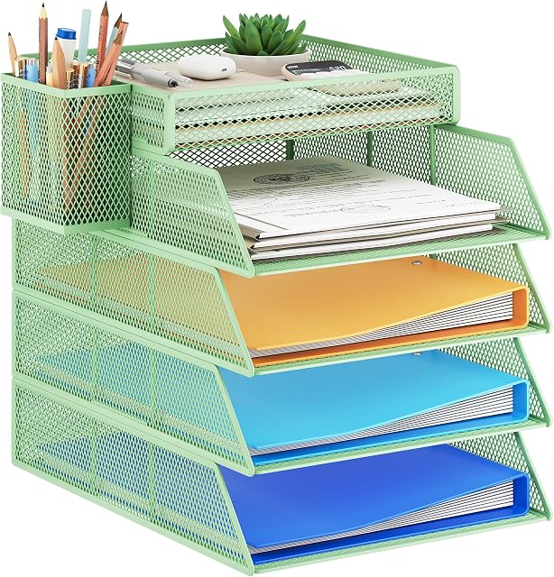 Marbrasse 5 Tier Stackable Paper Tray, Desk Organizer with 1 Pen Holder | Metal Mesh Desk Organizers and Storage for A4 Document, Paper Letter Trays for School, Home, Office(Green)