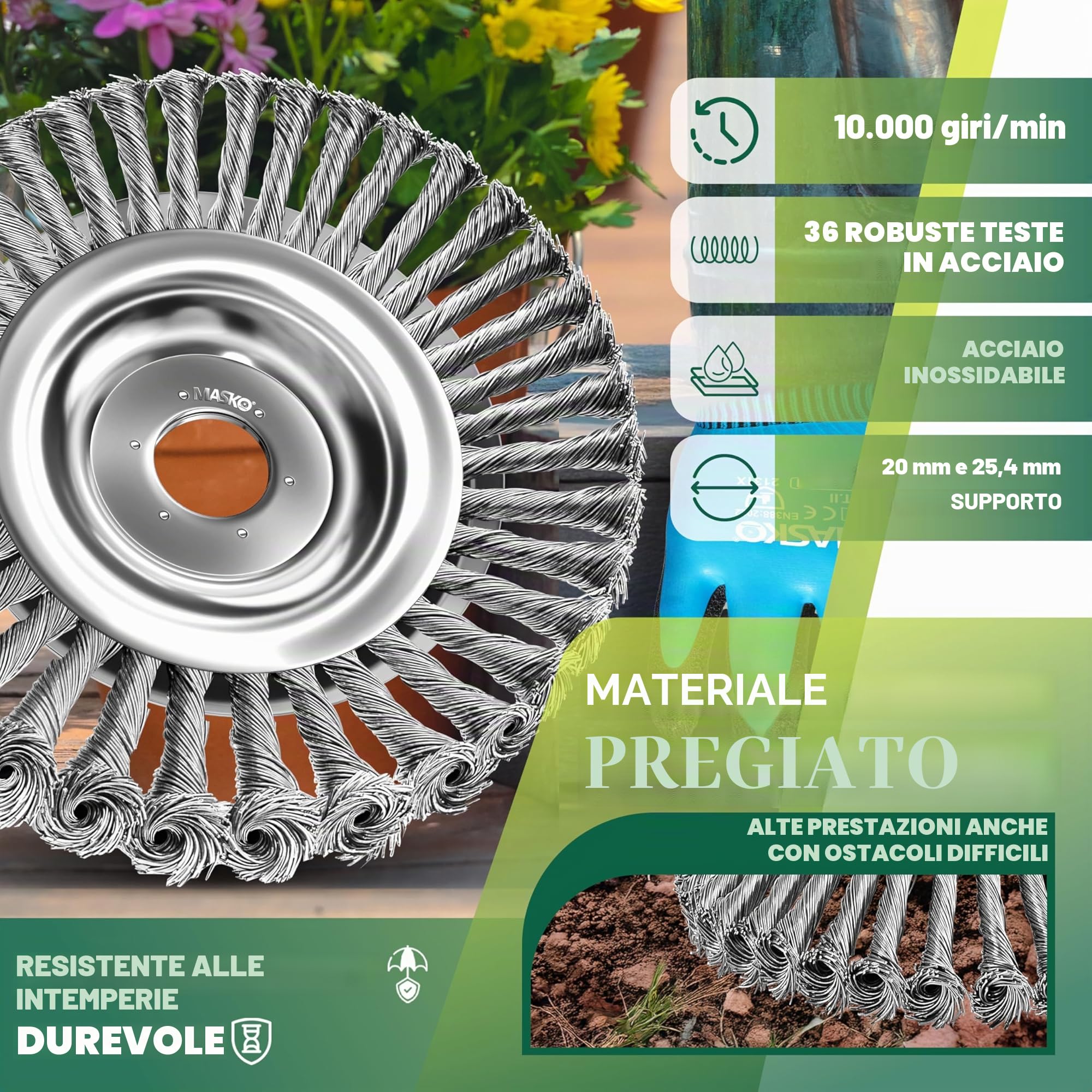 MASKO® Spazzola per erbacce per decespugliatore e decespugliatore | Spazzola per erbacce 25,4 & 20 mm foro | Spazzola metallica per la rimozione efficace delle erbacce compatibile con Stihl | Spazzola