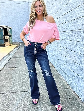 LookbookStore High Waisted Ripped Flare Jeans for Women Distressed Bell Bottom Jeans Wide Leg Pants