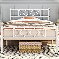 Vista 1 de Topeakmart Base de cama individual blanca, plataforma de metal con cabecera y estribo, base de colchón, no necesita somier, con almacenamiento Blanco