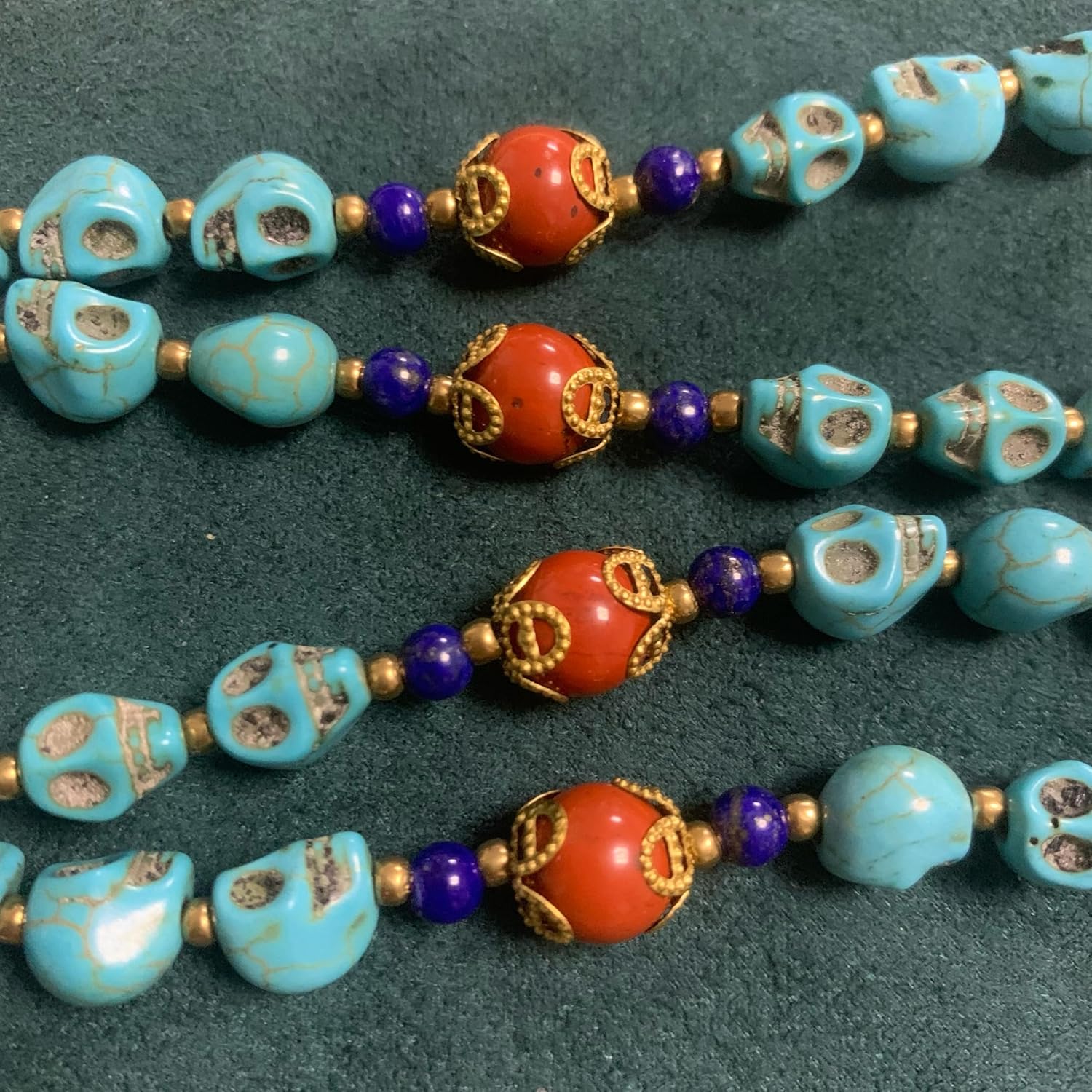 Lcqq handmade vintage Turquoise skulls and Red Agate beads rosary necklace crucifix cross catholic gift