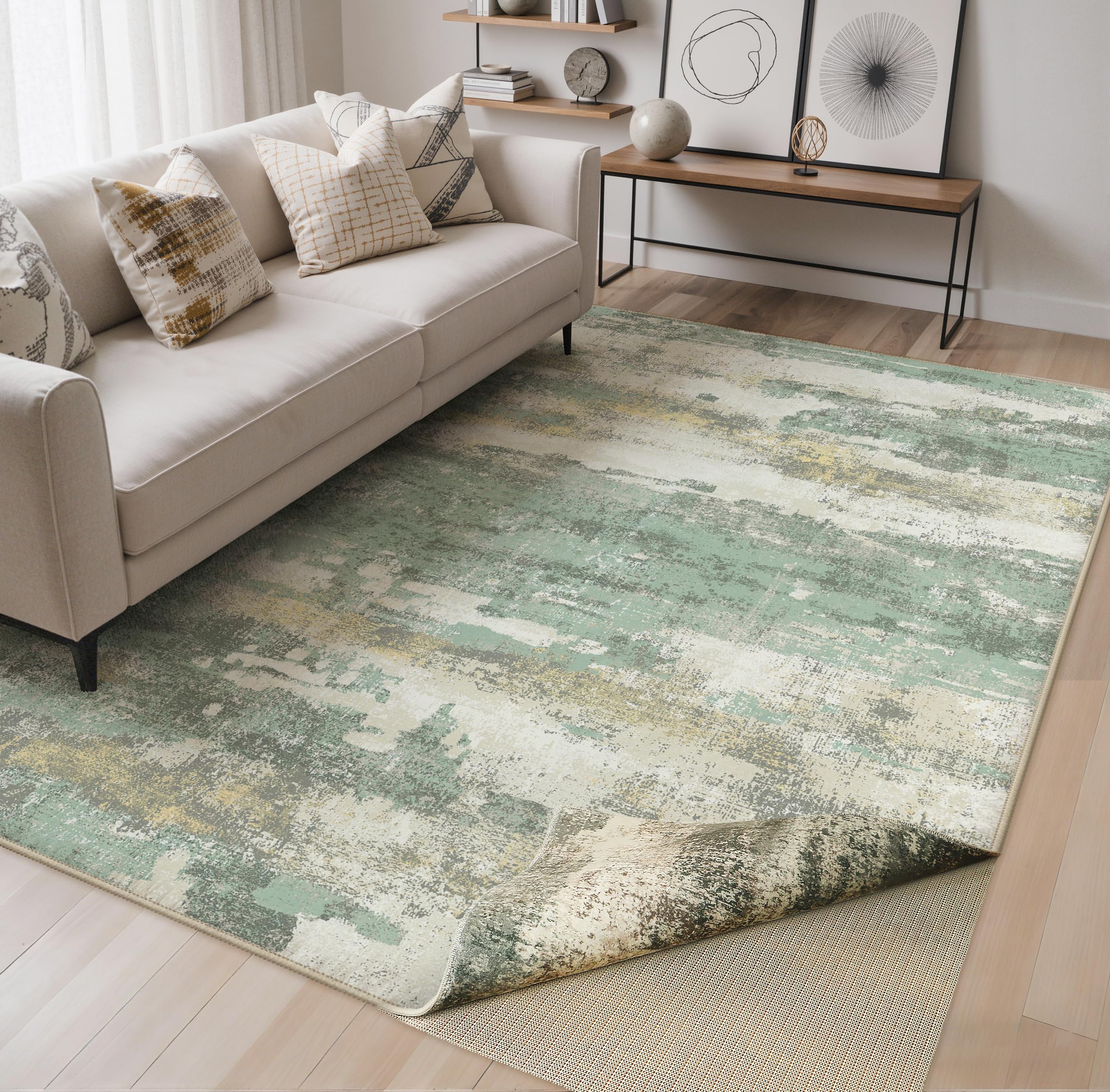 BEIMO 6x9 Area Rug for Bedroom, Green Washable Abstract Reversible Rug