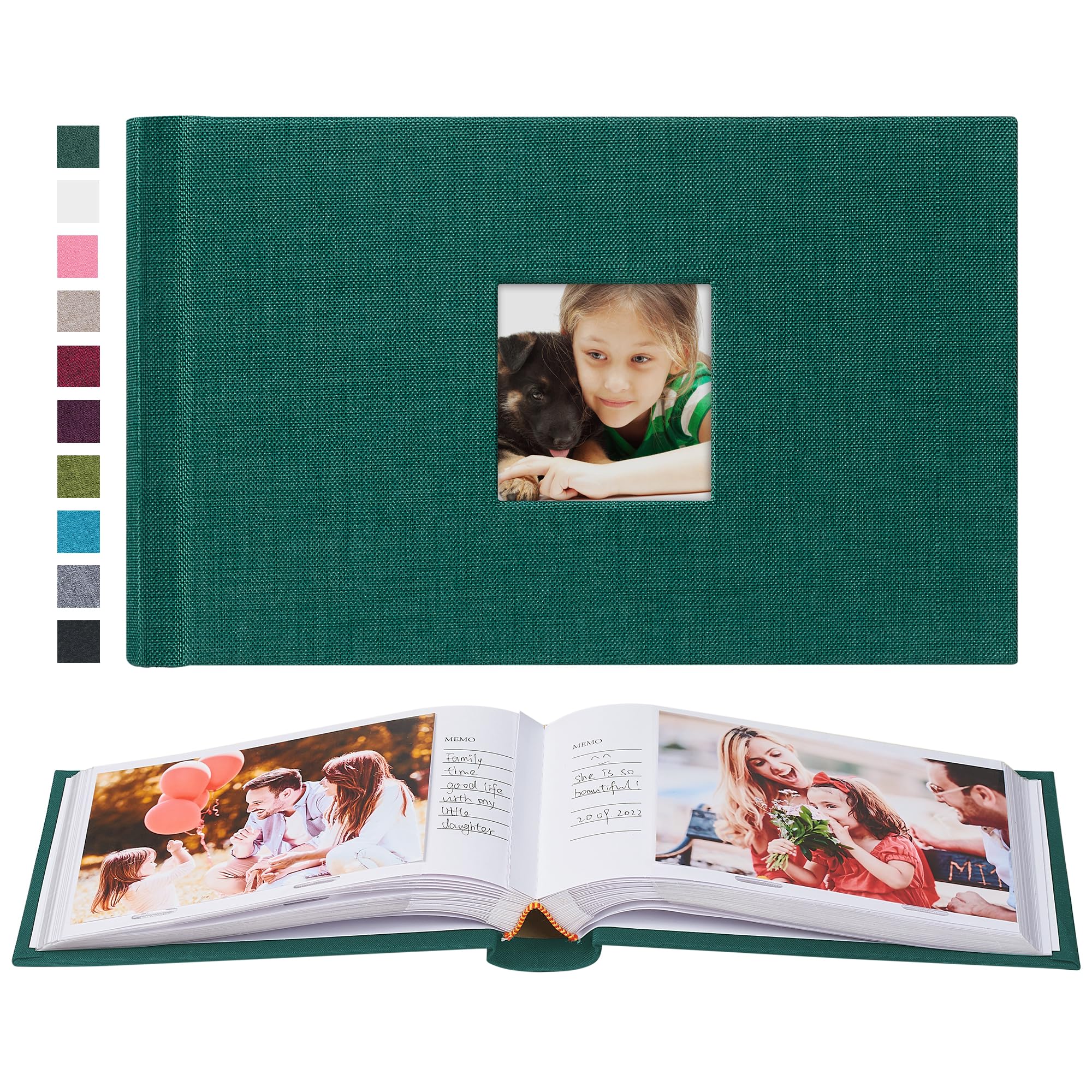 Mublalbum Lniany album na zdjęcia, mały, 4 x 15 cm, z obszarami na notatki, fotoksiążka, pomieści poziome kieszenie, na ślub, rodzinę, dziecko i wakacje (ciemnozielony)
