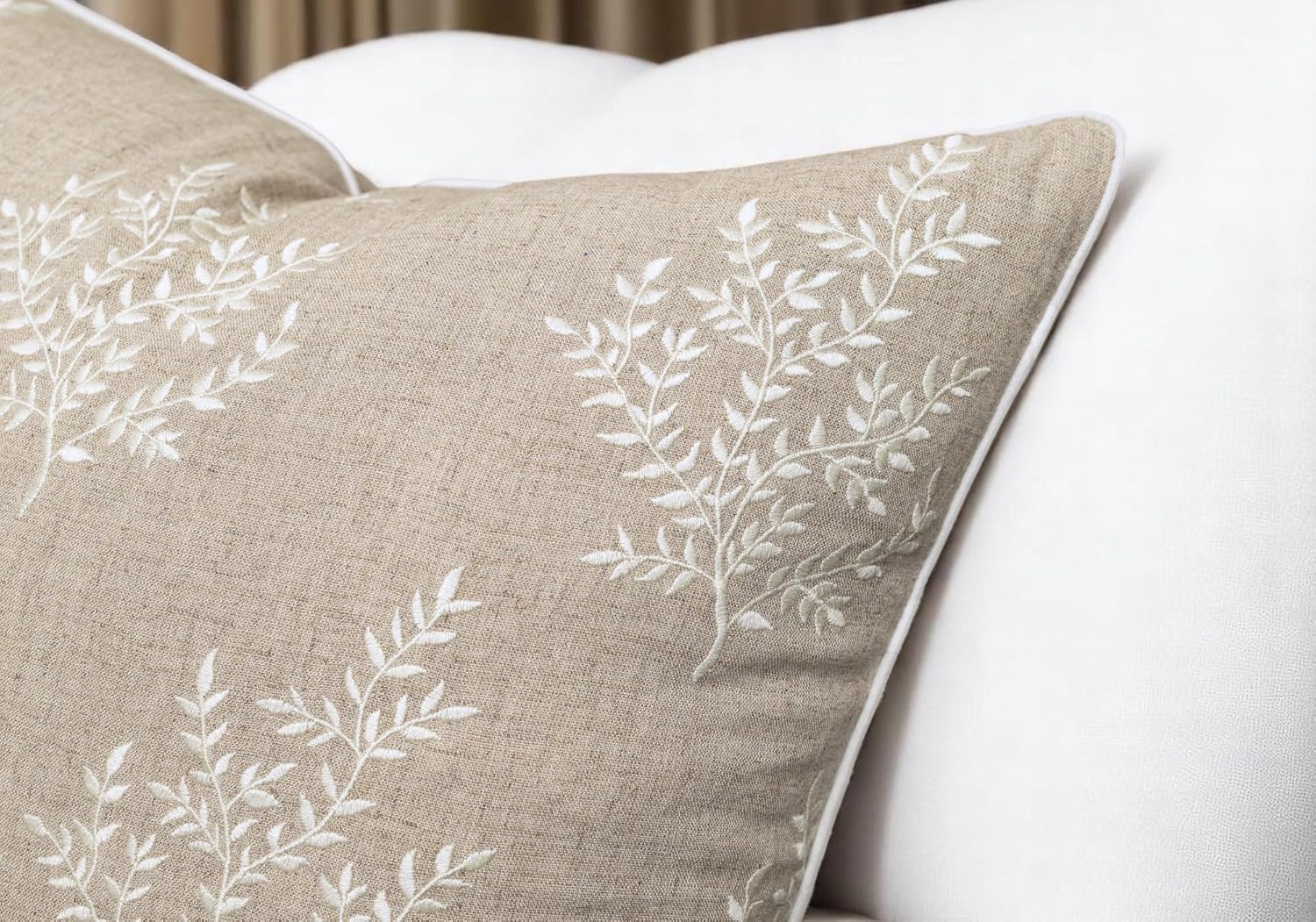 VAGMINE Embroidered Botanical Accent Pillow Cover 20x20 – Natural Linen Square Cushion Cover for Chair & Couch Styling – Leaves
