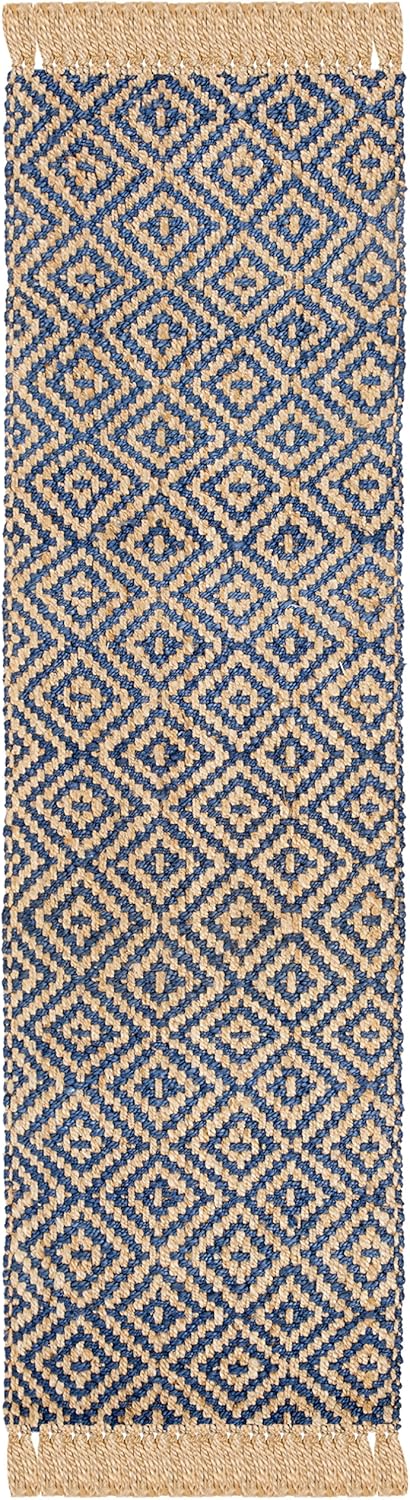 SAFAVIEH Natural Fiber Collection Runner Rug - 2'3" x 10', Tropical Blue & Natural, Handmade Boho Diamond Tassel Jute, Ideal for High Traffic Areas in Living Room, Bedroom (NF266D)