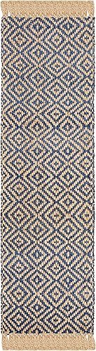 Miniatura 2 de SAFAVIEH Natural Fiber Collection NF266D - Alfombra de pasillo, 2.3 x 12 pies, azul tropical y natural, yute bohemio con borlas de diamante, hecho a
