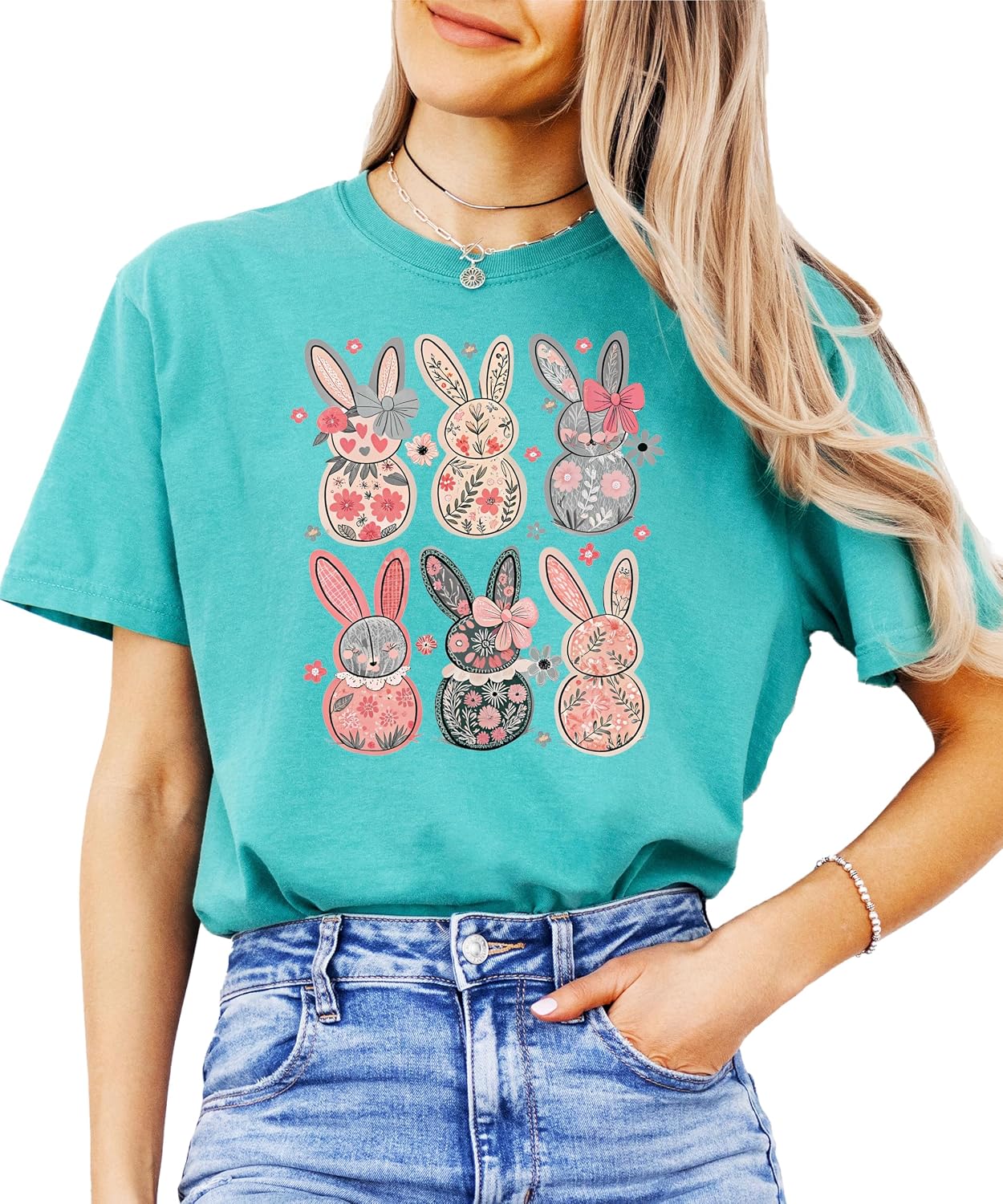 Retro Floral Bunnies Shirt for Women and Teens Girly Coquette Easter Bunny Tee