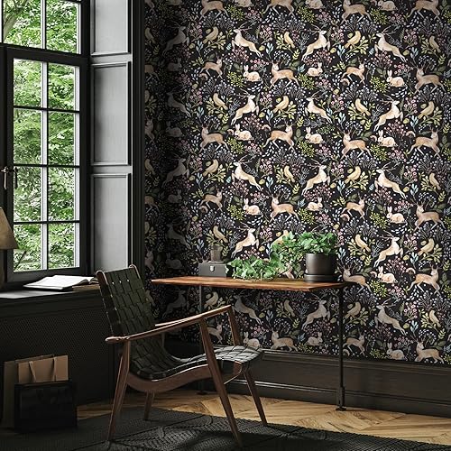 Miniatura 5 de VaryStyle Papel tapiz de 17.7 x 118 pulgadas con diseño de animales del bosque, selva, lindo ciervo, conejo, pájaro, musgo, floral, papel de