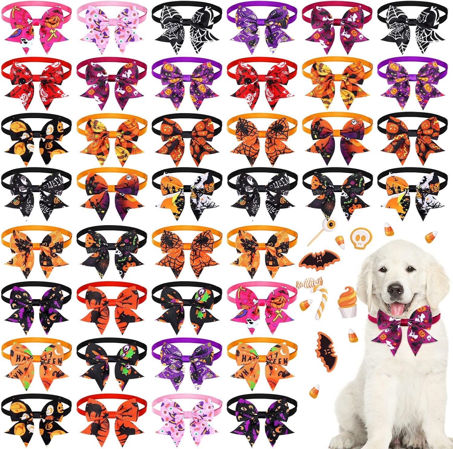 Maitys 40 Pcs Halloween Dog Bows Ties & Collars - Adjustable Dog Bowties with Plastic Buckle for Festival Holiday