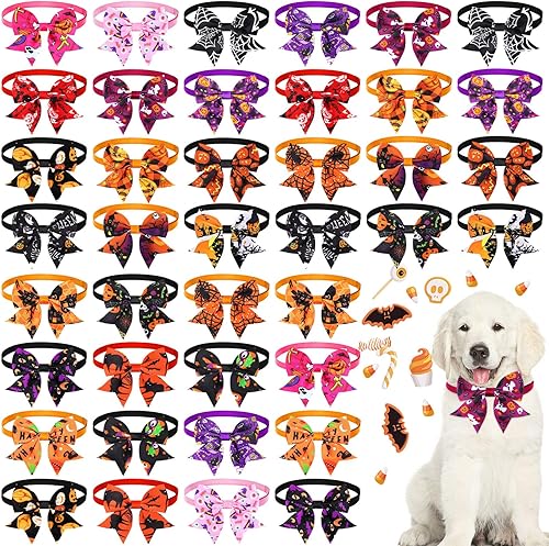 Maitys 40 corbatines de Halloween para perros y gatos, collares básicos de corbatín para cachorros, accesorios para el cuello de gatito, accesorios