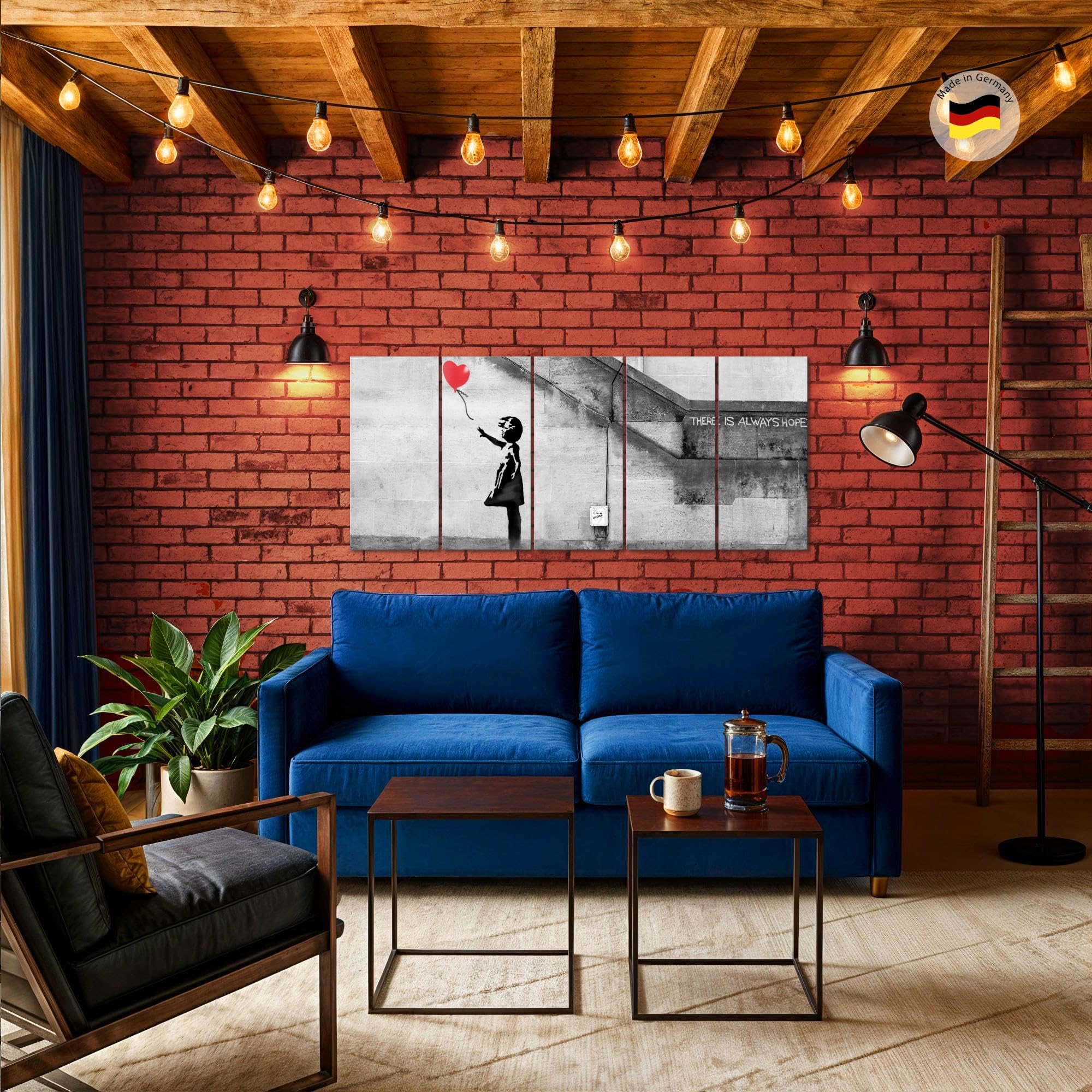 Runa Art Quadri XXL Banksy Palloncino Ragazza 200 x 80 cm Rosso 5 Pezzi - Made in Germany - 301655a