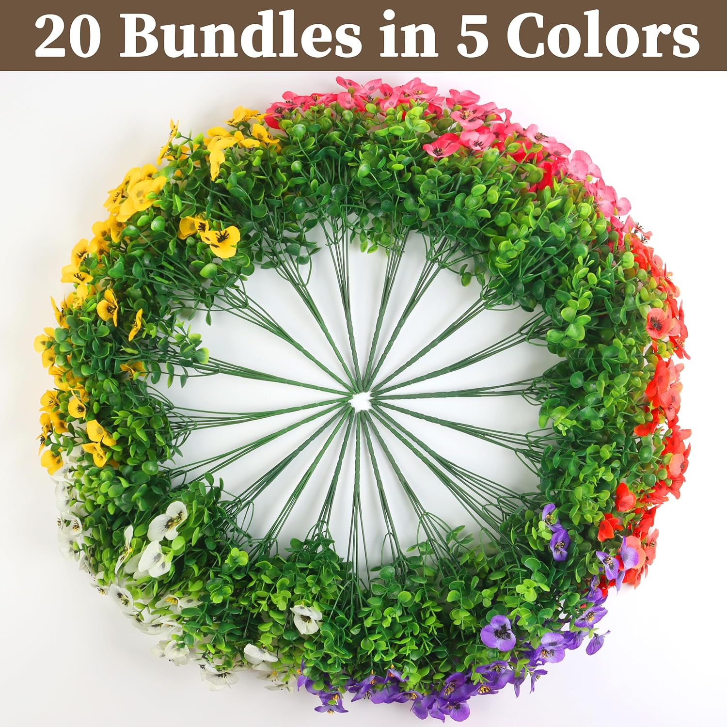 20 Bundles Artificial Fake Pansy Flowers for Outdoor - Yellow, White, Purple, Sunset red & deep pink Faux Pansies Flowers, Fake Flowers for Outdoor Planters, Porch, Garden, and Home Decoration - Image 3