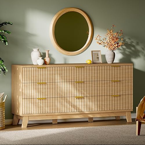 Vista 14 de Cómoda acanalada con 6 cajones, cómoda moderna de 54 pulgadas de ancho con mango de metal, soporte de TV de madera, organizador de almacenamiento