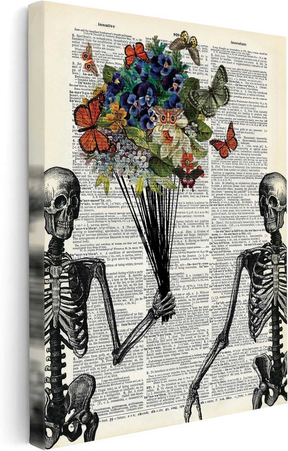 Poster Master Dictionary Art Canvas - Skeleton Couple Print - Flower & Butterfly Art - Valentine's Day Gift for Couples, Lovers - Romantic Decor for Living Room, Bedroom - 8x10 STRETCHED Canvas