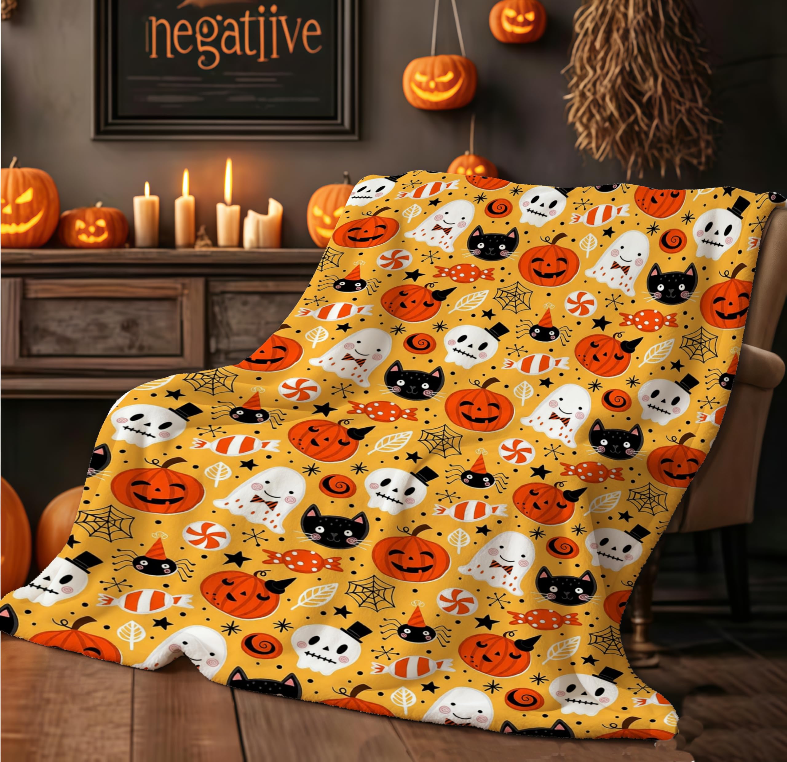 APPCRFM Halloween Throw Blanket 150x100cm - Reversible Soft Cozy Lantern Pumpkin Design - Spooky Horror Decor For Bed Sofa - Funny Scary Ambiance Gift (Orange7)