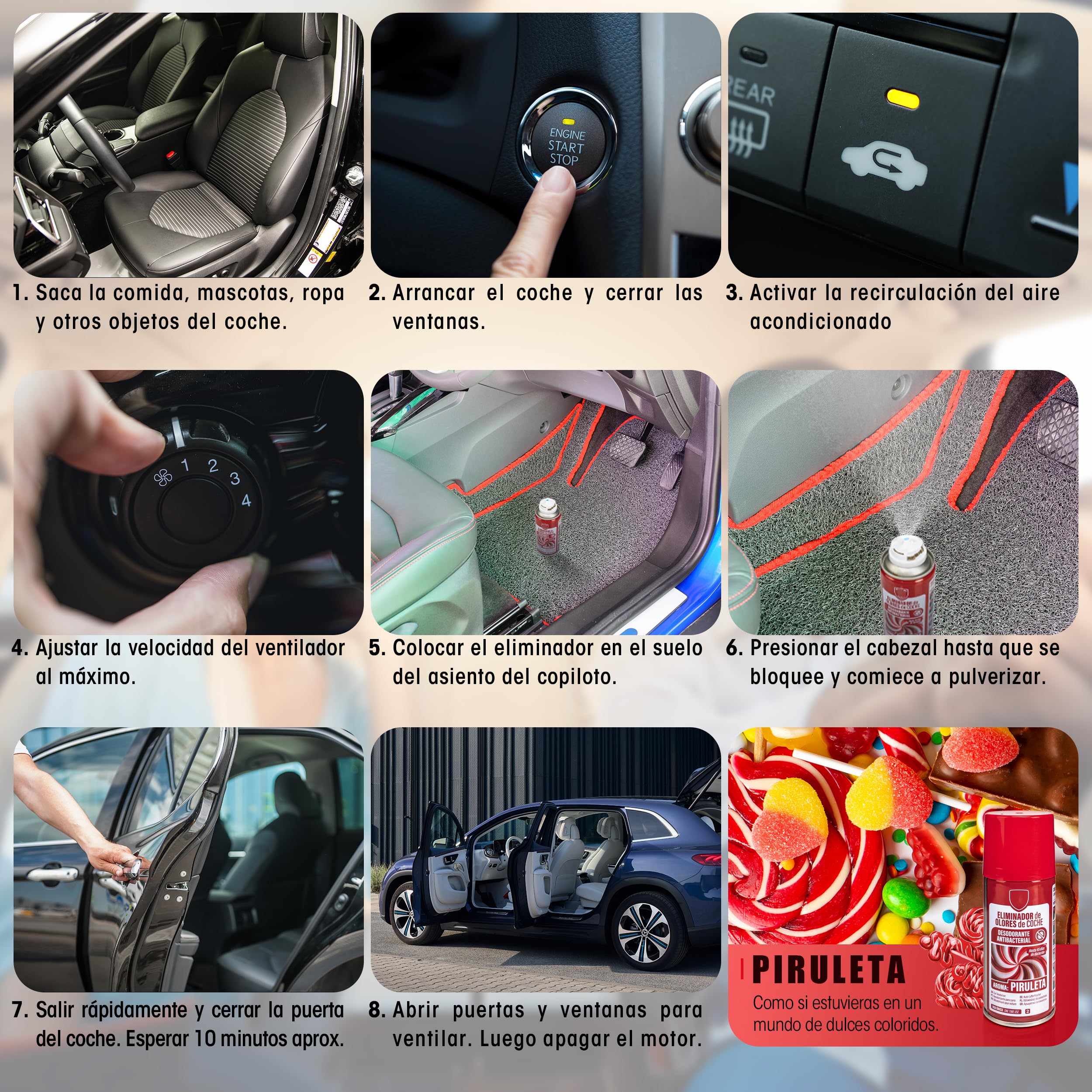 BESCH Eliminador de Olores para Coche de Descarga Única 150ml- Ambientadores de Automóvil Absorbe los Malos Olores -Olor de Piruleta