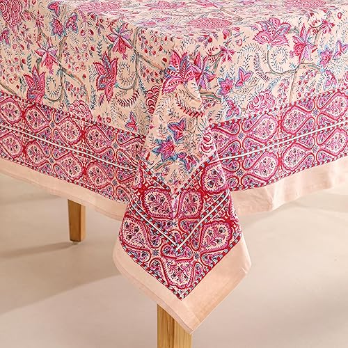 Miniatura 14 de Hand Block Printed Cotton Tablecloth – Elegant Floral Design Perfect for Dining Table Kitchen Parties Home Decor, Wall Tapestry (Peach Floral, 6