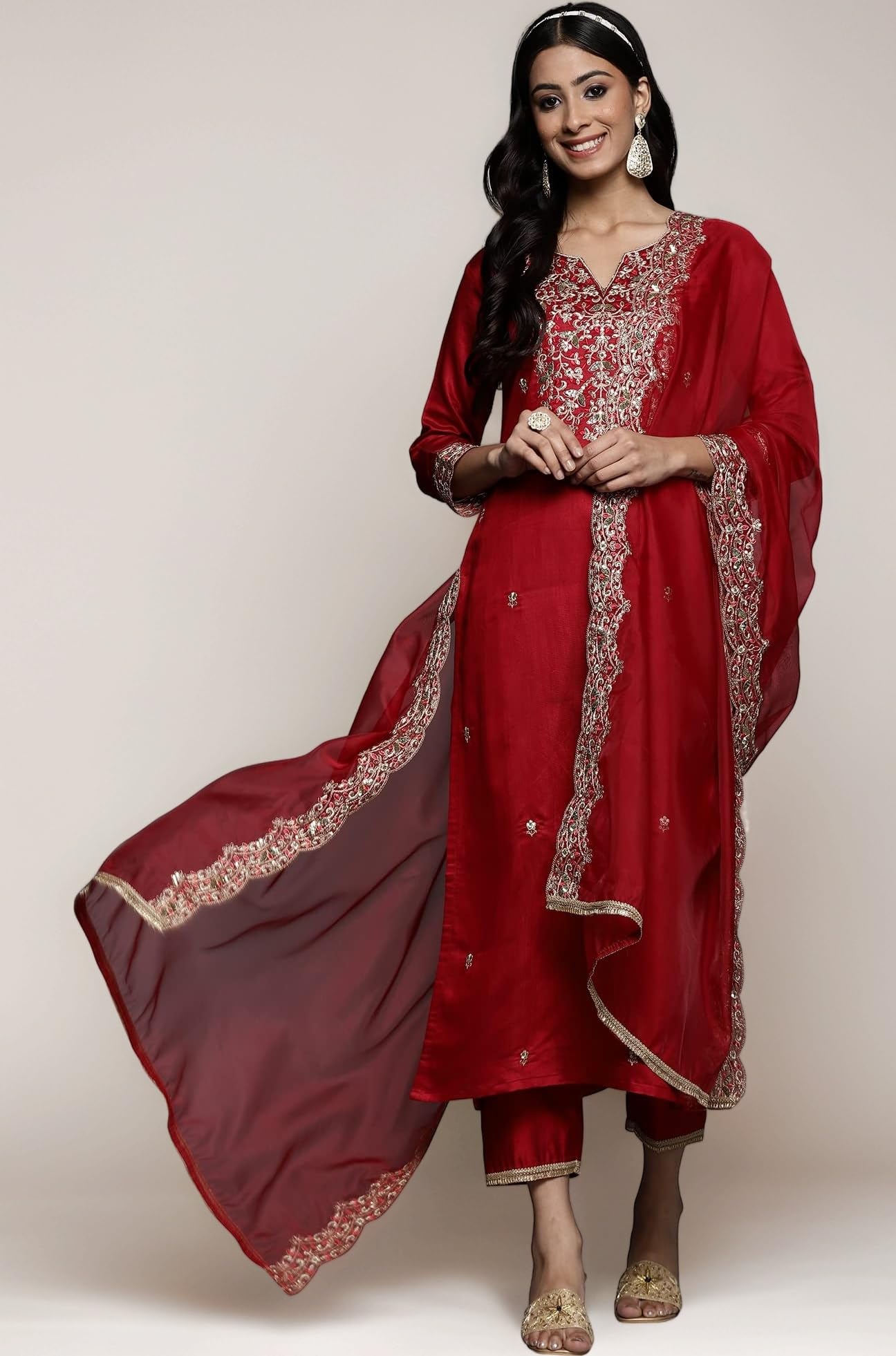 Women's Embroidered Viscose Rayon Straight Kurta Pant with Dupatta Set