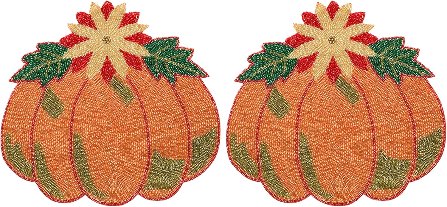 Lightnpro Pumpkin Beaded Placemats Set of 2-13 Inch Round Multicolor Handmade Charger Mats - Fall Table Decor for Thanksgiving, Autumn Gatherings, Halloween, Parties & Seasonal Home Styling