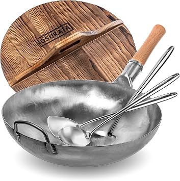 YOSUKATA Silver Round Bottom Wok 14 Stir Fry Pans For Cooking + Premium Wok Cover 14 inch Pan Lid + 17" Spatula and Ladle Skimmer Spoon