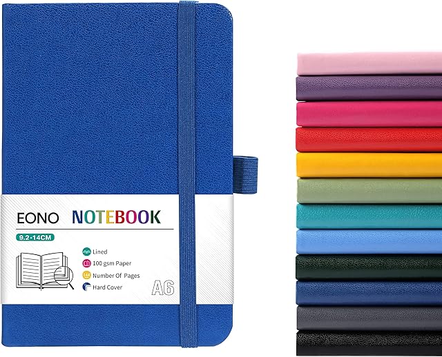 Amazon Brand - Eono Notebook A6, Notebook A6 with Premium Paper, Faux Leather Classic Writing A6 Notebook Journal, 5.7" X 3.8", Hardcover, Blue