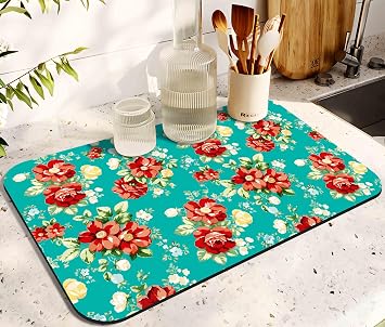 Dish Drying Mat for Kitchen Counter 20x12in Washable Quick Dish Drying Pad Rubber Backed Absorbent Draining Mat Fit Kitchen Counter,Bar,Under Sink,Dishes,Utensils,Dish Rack