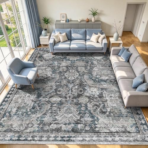 RUGSURE Washable Area Rugs - Perfect for Living Room, Bedroom, Kids Room, Nursery - Stain & Water Resistant Non-Slip, Pet & Child Friendly, Vintage Tribal Area Rugs (Grey and Bule, 9' x 12')