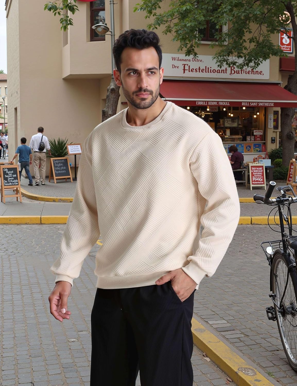 Men's Crewneck Pullover Sweatshirt Soild Color Geometric Texture Crewneck Sweatshirts