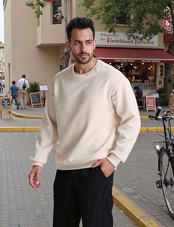 Men's Crewneck Pullover Sweatshirt Soild Color Geometric Texture Crewneck Sweatshirts