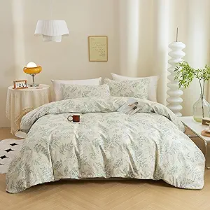 ECOCOTT 3 Pieces Duvet Cover Set with Vintage Green Leaves Pattern 100% Natural Cotton Cozy Simple Style Bedding Set (Queen Size)