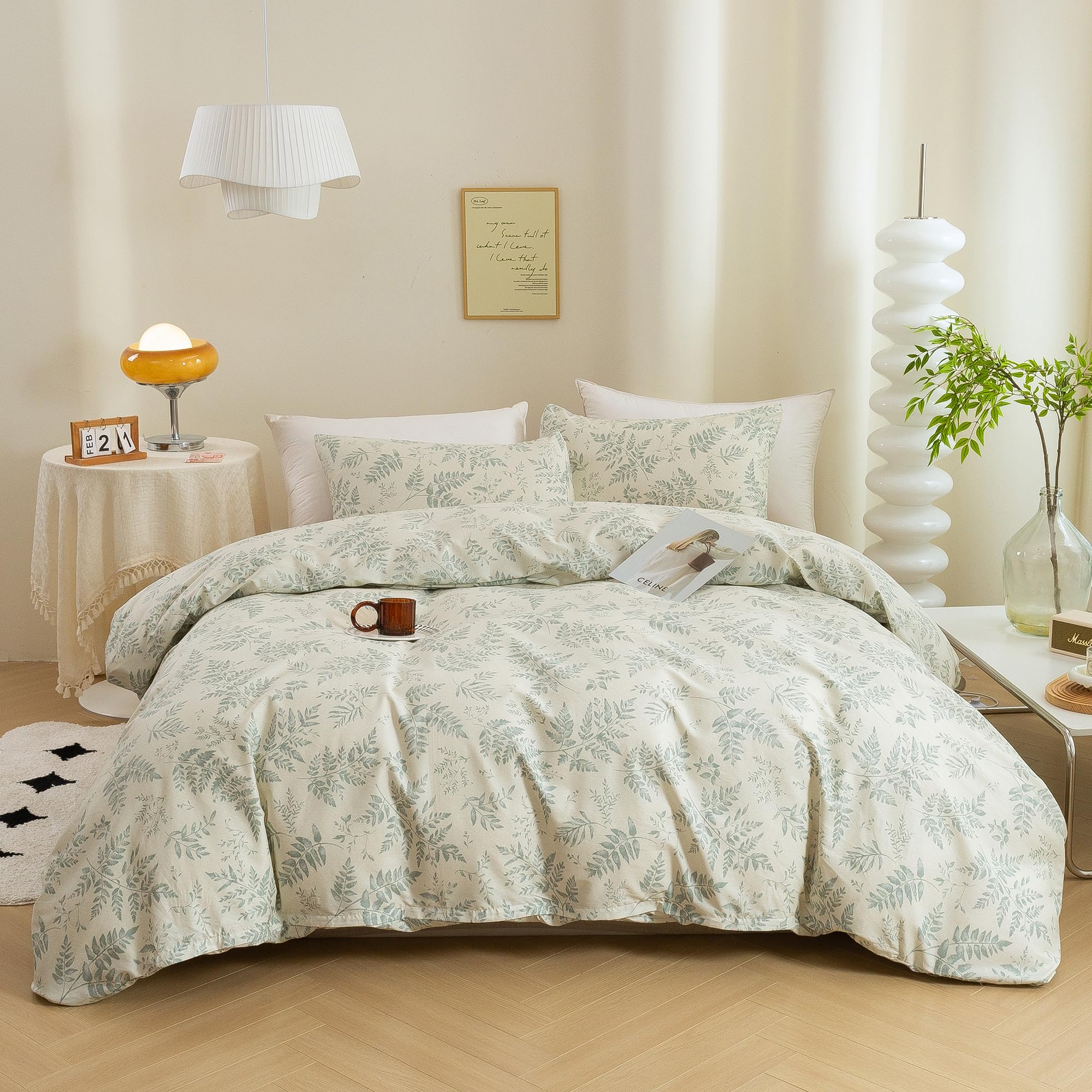 3 Pieces Duvet Cover Set with Vintage Green Leaves Pattern 100% Natural Cotton Cozy Simple Style Bedding Set (Queen Size)