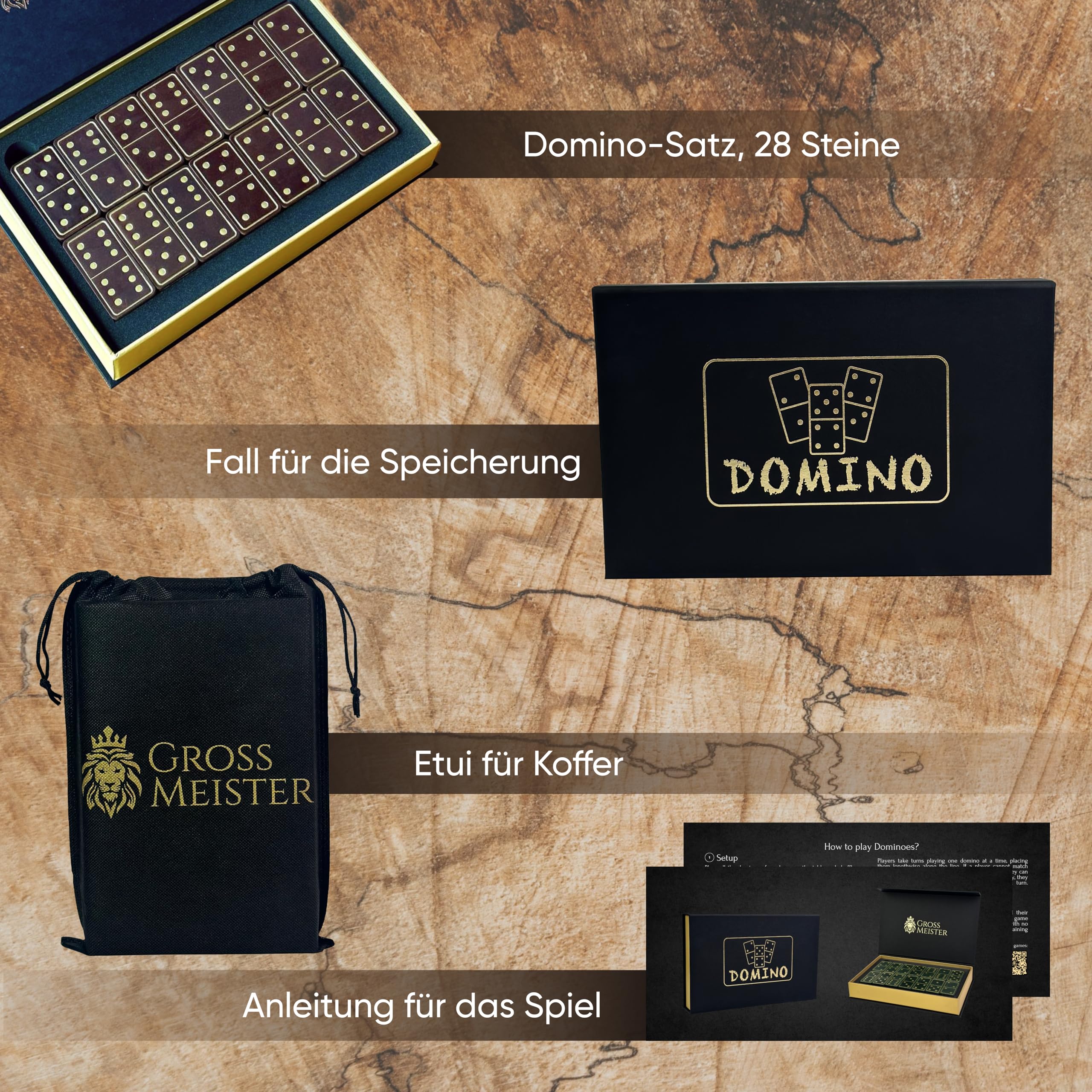 Premium Domino-Set Dunkelbraun – Handgefertigte Dominosteine aus Karbolt-Holz & Echtleder, luxuriöses Gesellschaftsspiel in edler Geschenkbox