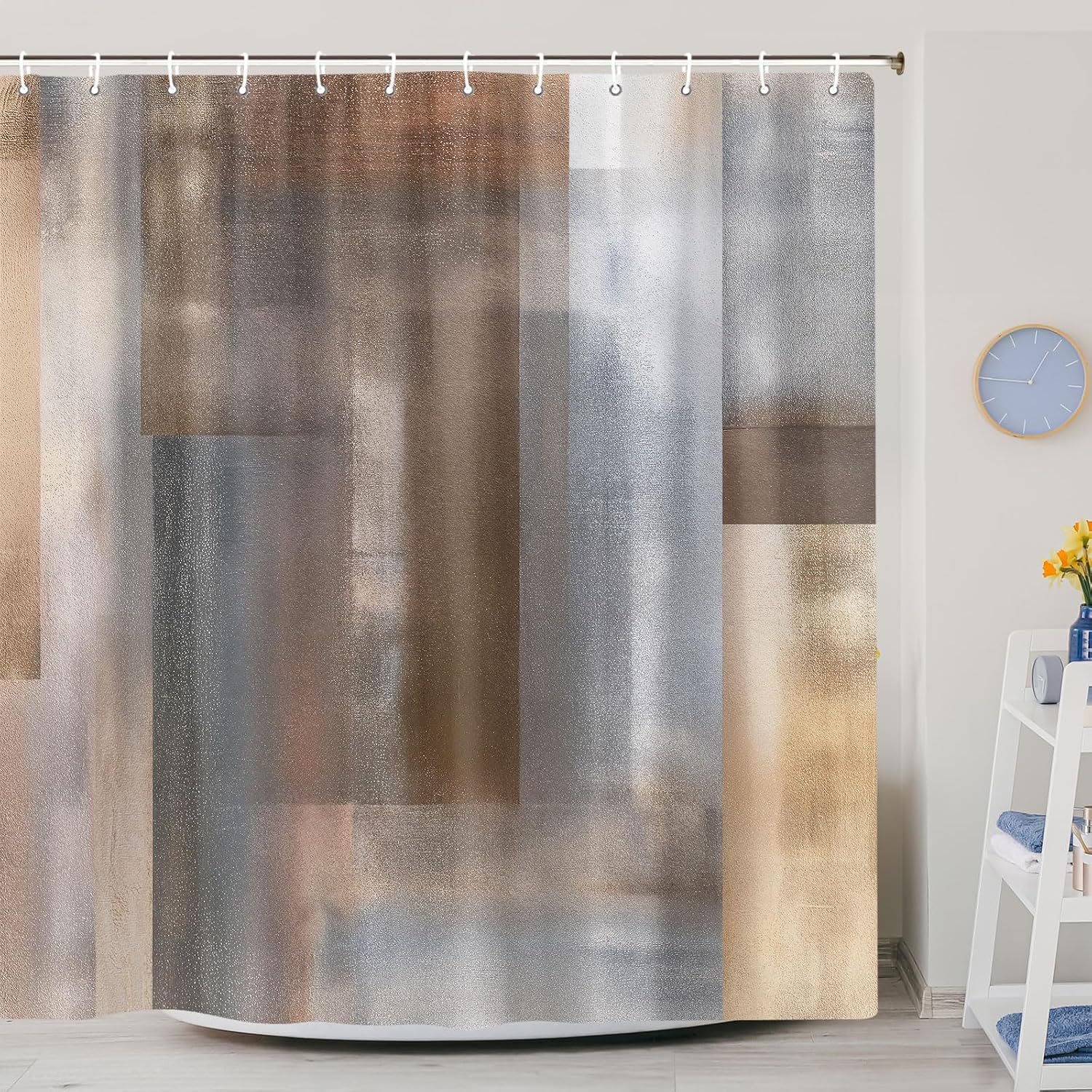 Abstract Brown Grey Shower Curtain, Vintage Rustic Farmhouse Simple Blocks Modern Minimalist Shower Curtain Set Aesthetic Bath Masculine Cloth Bathroom Accessories Decor With Hooks, 72X72 Inch Tan image 5